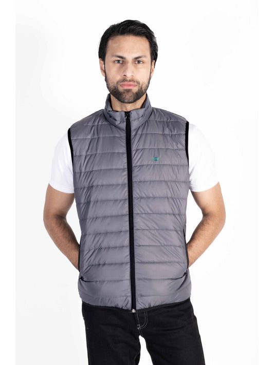 Men Grey Quilted Short Body Slim-Fit Gilet Puffer Jacket