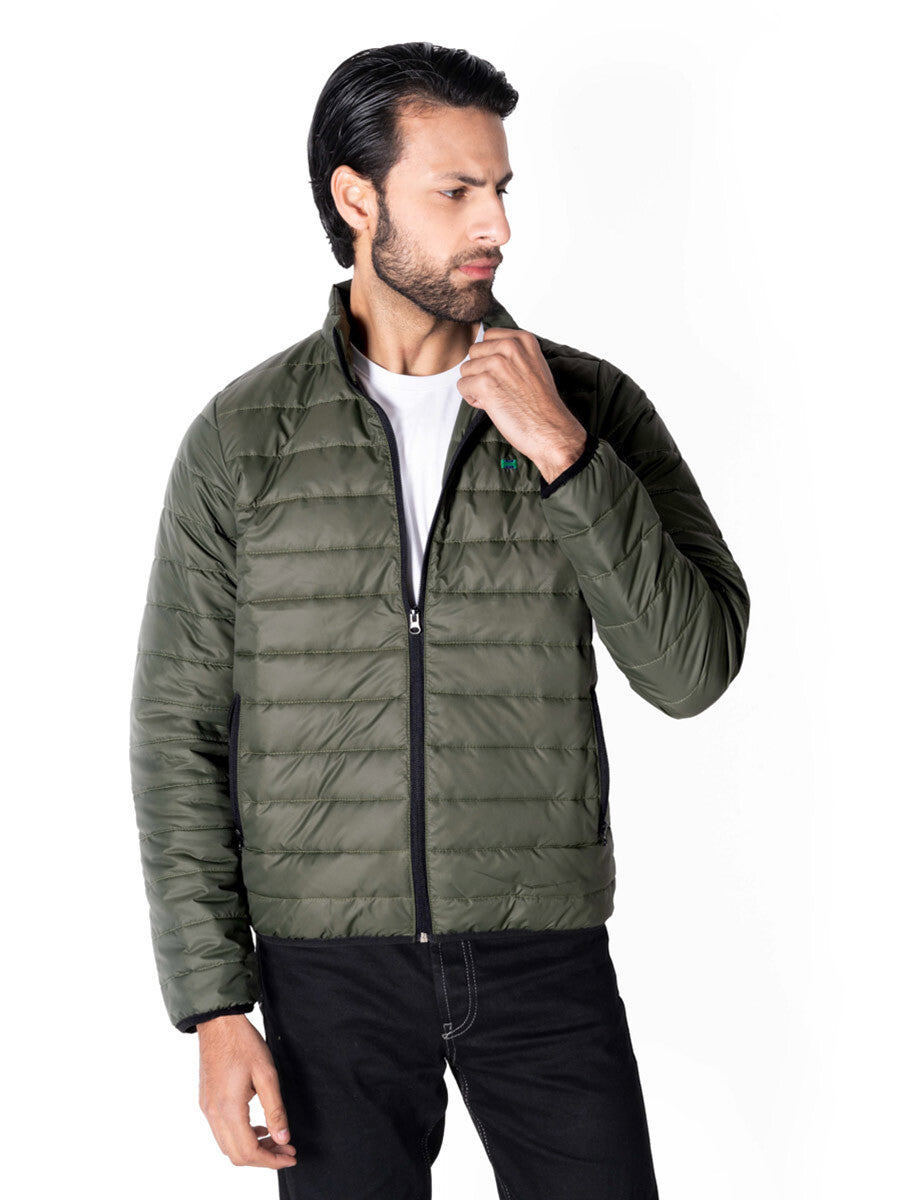 Men Black/Olive Short Body Slim-Fit Full-Sleeves Puffer Jackets - Pack of 2