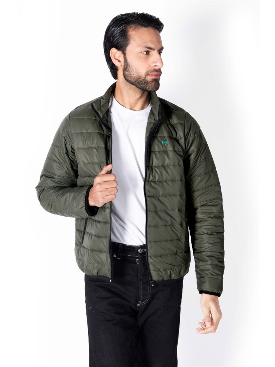 Men Black/Olive Short Body Slim-Fit Full-Sleeves Puffer Jackets - Pack of 2