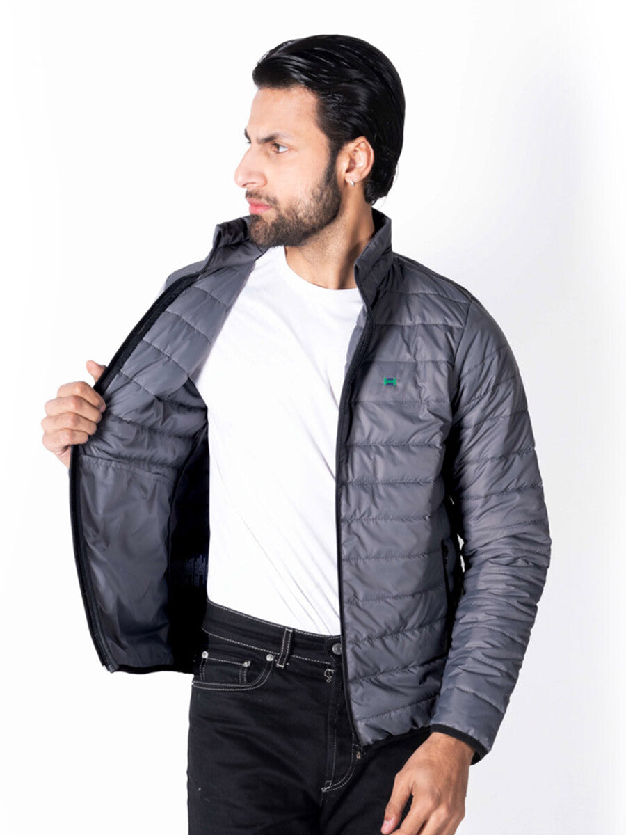 Men Grey/Black Short Body Slim-Fit Full-Sleeves Puffer Jackets - Pack of 2