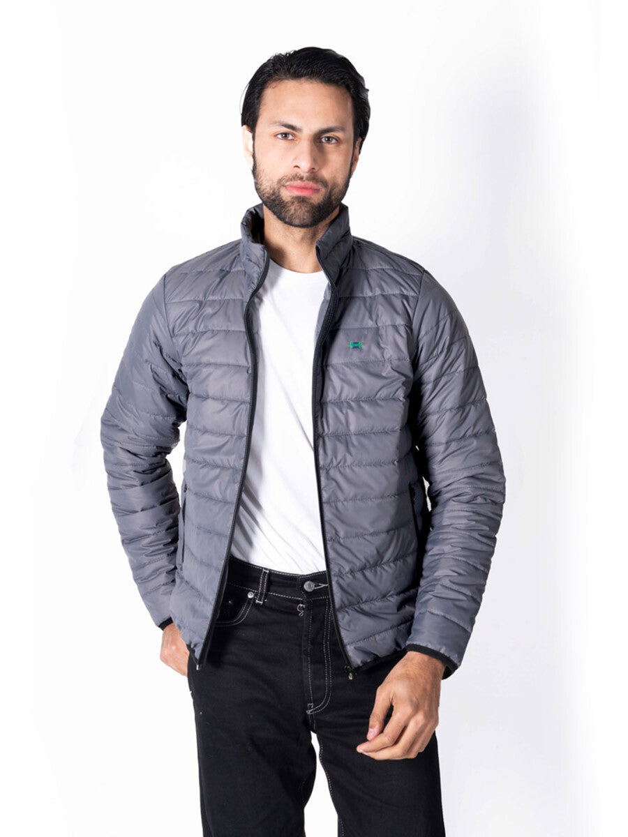 Men Grey/Black Short Body Slim-Fit Full-Sleeves Puffer Jackets - Pack of 2