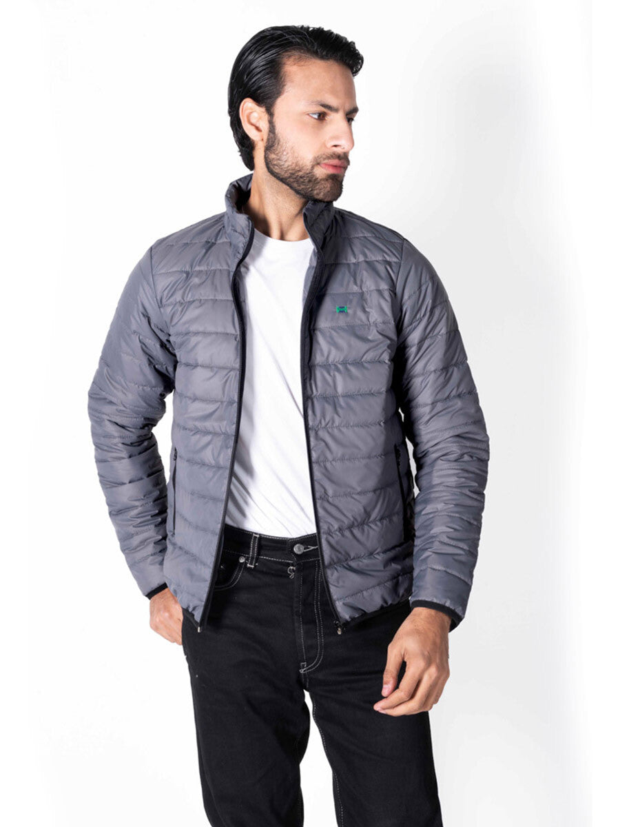 Men Grey/Black Short Body Slim-Fit Full-Sleeves Puffer Jackets - Pack of 2