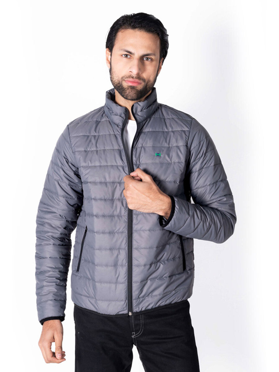 Men Grey/Black Short Body Slim-Fit Full-Sleeves Puffer Jackets - Pack of 2