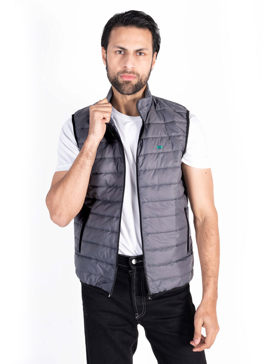 Men Grey/Black Quilted Short Body Slim-Fit Gilet Puffer Jackets - Pack of 2