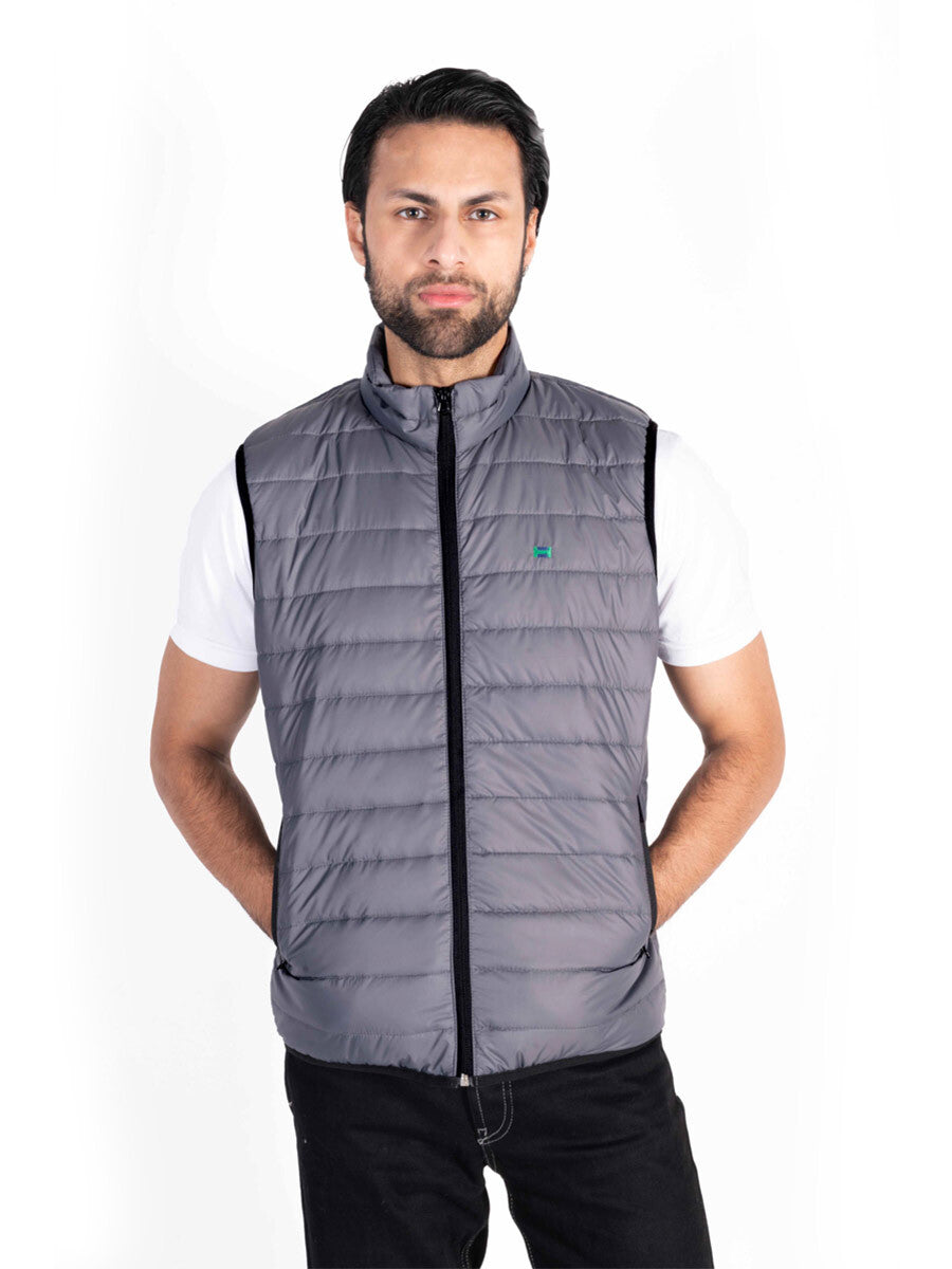 Men Grey/Black Quilted Short Body Slim-Fit Gilet Puffer Jackets - Pack of 2