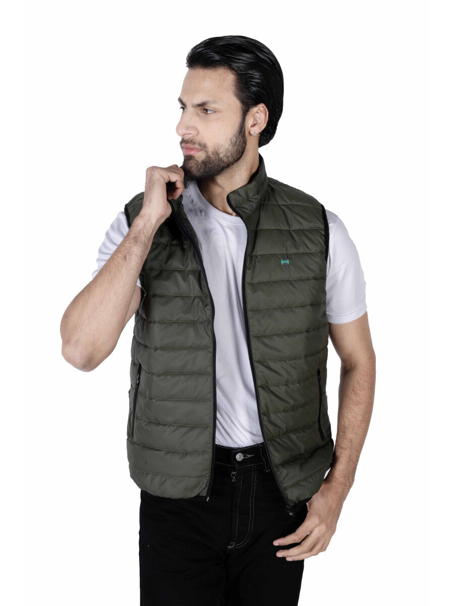 Men Black/Olive Quilted Short Body Slim-Fit Gilet Puffer Jackets - Pack of 2