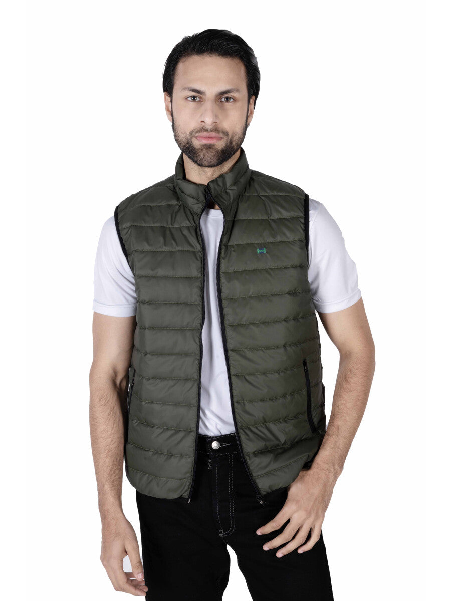 Men Black/Olive Quilted Short Body Slim-Fit Gilet Puffer Jackets - Pack of 2