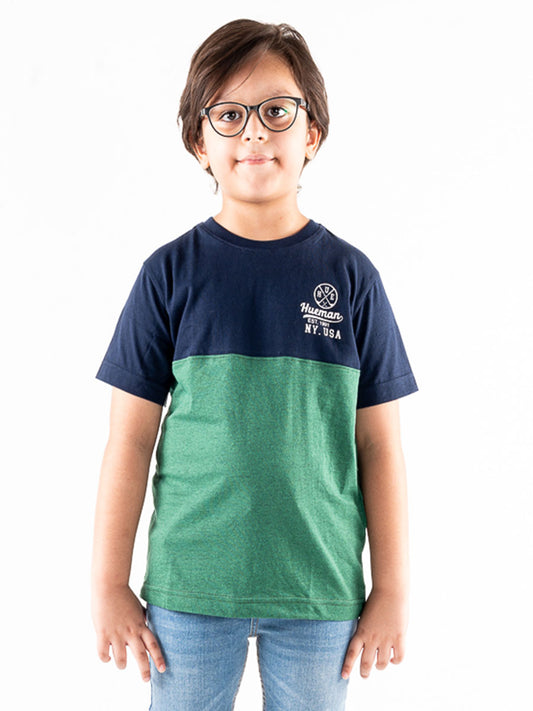 Kids Green & Navy Blue Short Sleeve T-Shirt Crew Neck