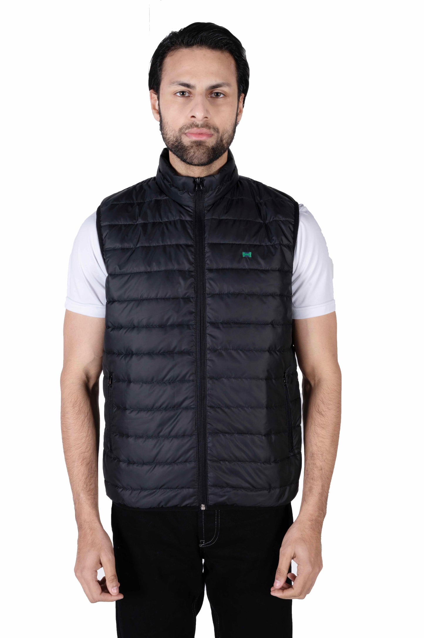 Men Black Quilted Short Body Slim-Fit Gilet Puffer Jacket