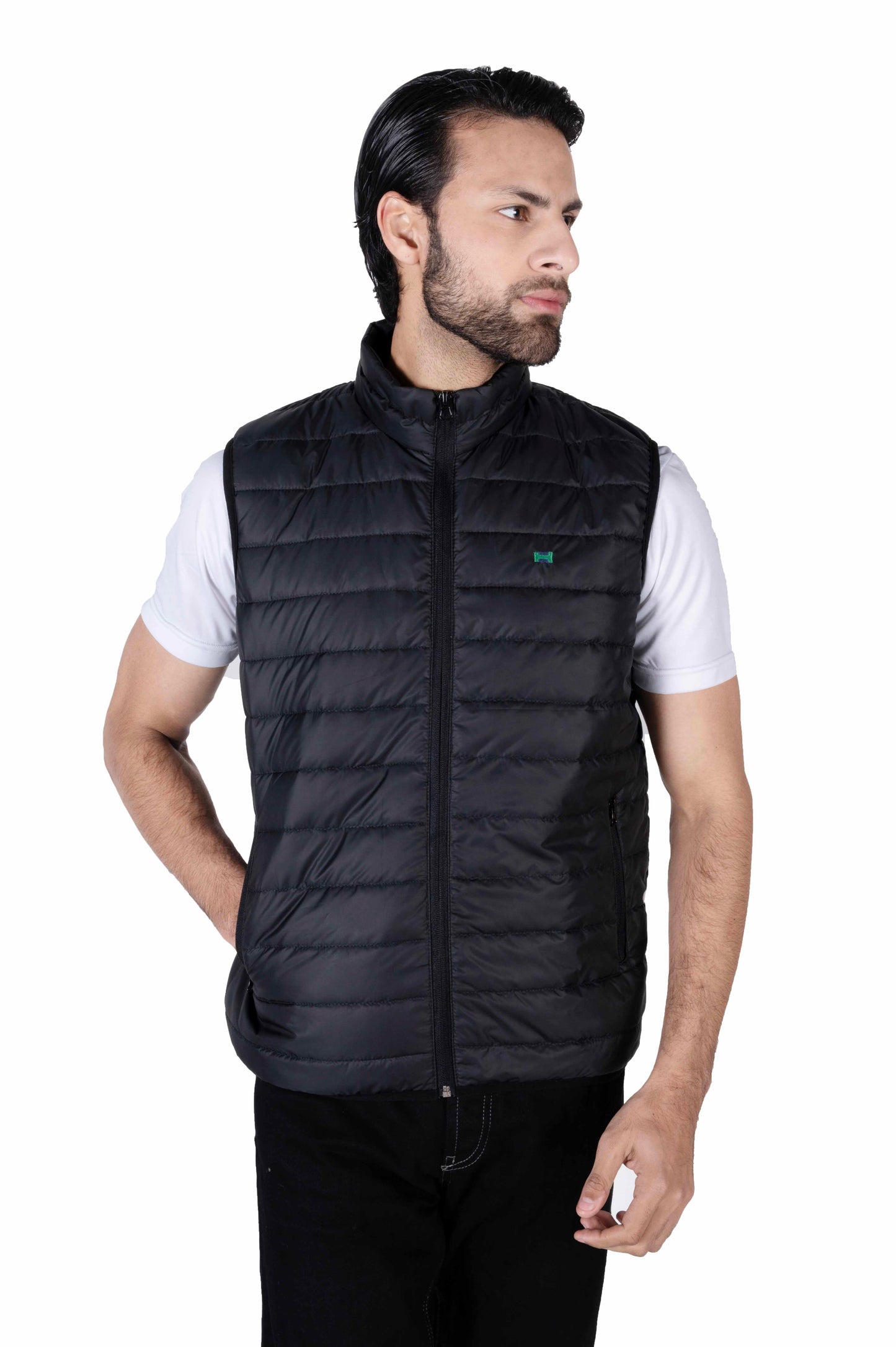 Men Black Quilted Short Body Slim-Fit Gilet Puffer Jacket