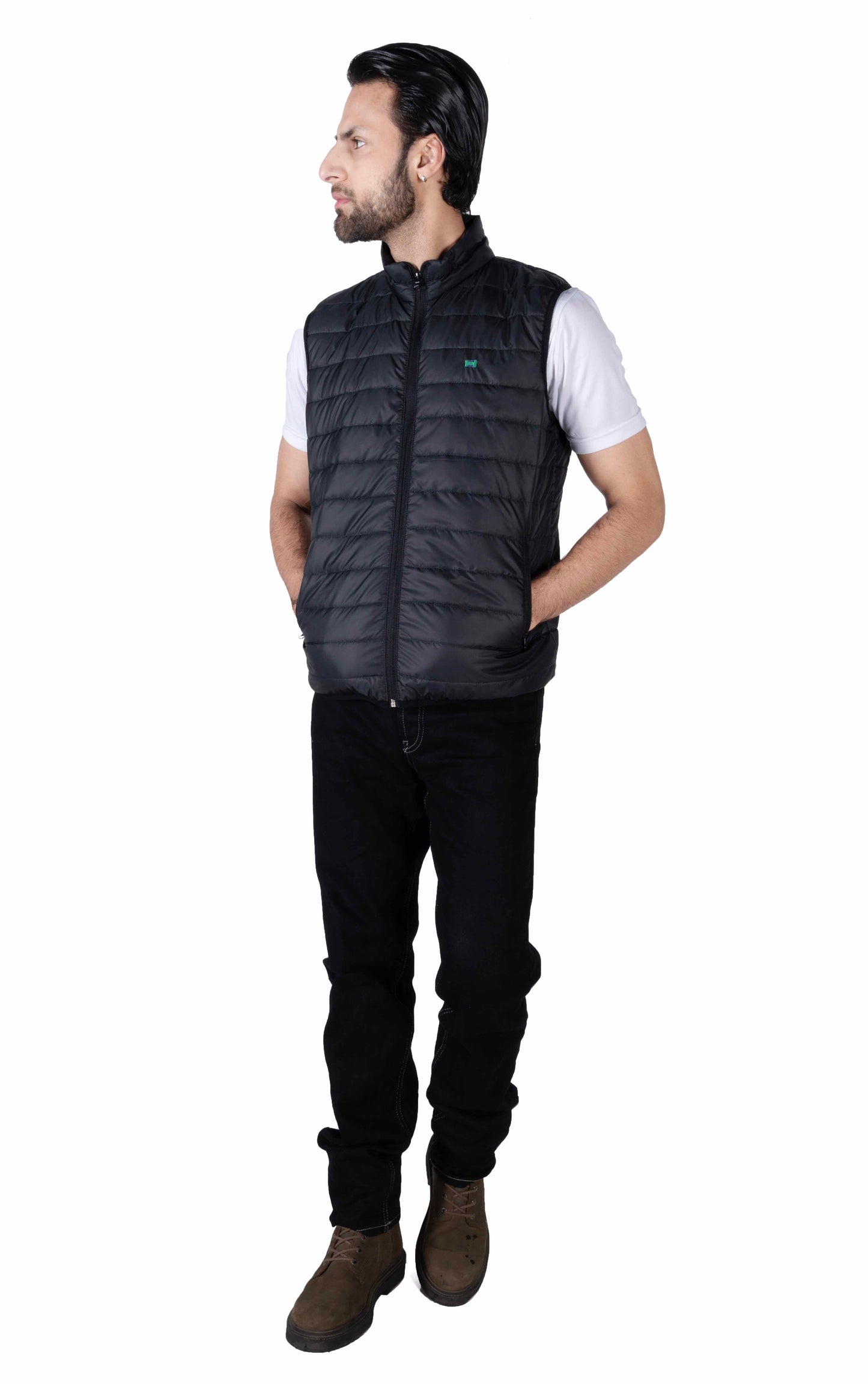 Men Black Quilted Short Body Slim-Fit Gilet Puffer Jacket