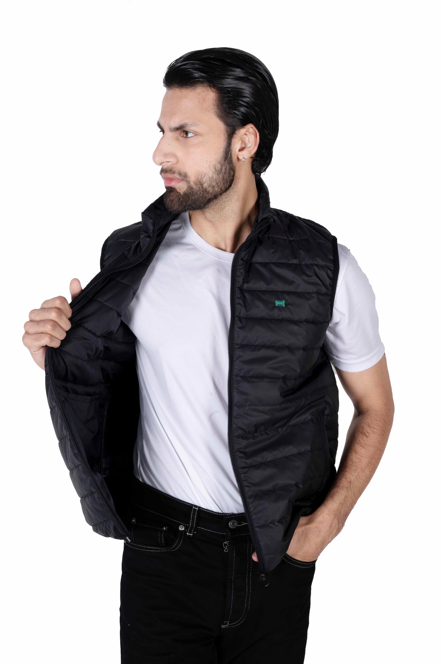 Men Black Quilted Short Body Slim-Fit Gilet Puffer Jacket