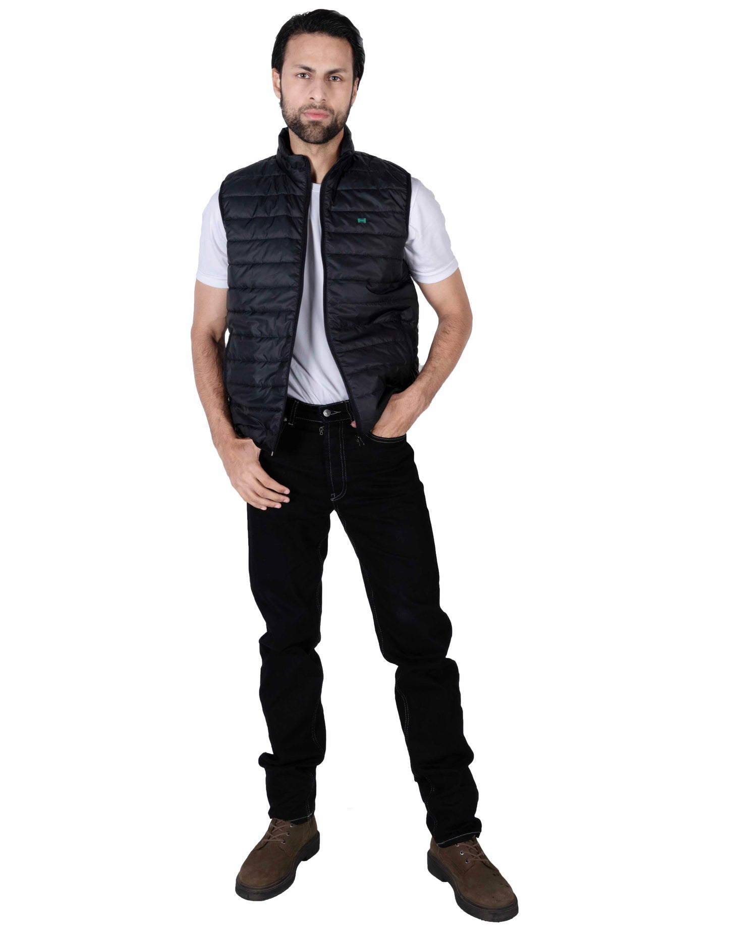 Men Black Quilted Short Body Slim-Fit Gilet Puffer Jacket