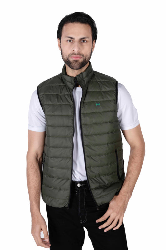 Men Olive Quilted Short Body Slim-Fit Gilet Puffer Jacket