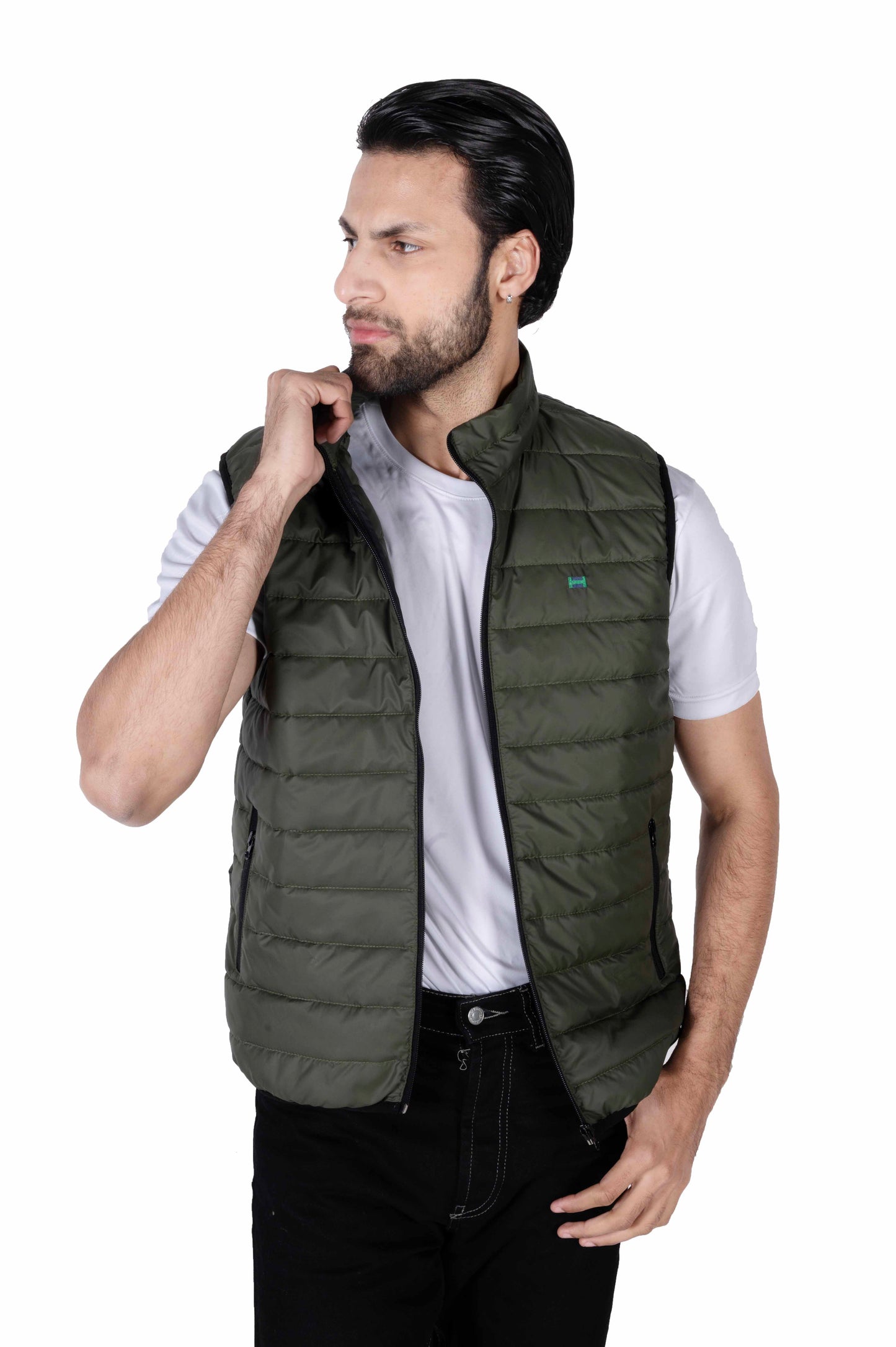 Men Olive Quilted Short Body Slim-Fit Gilet Puffer Jacket