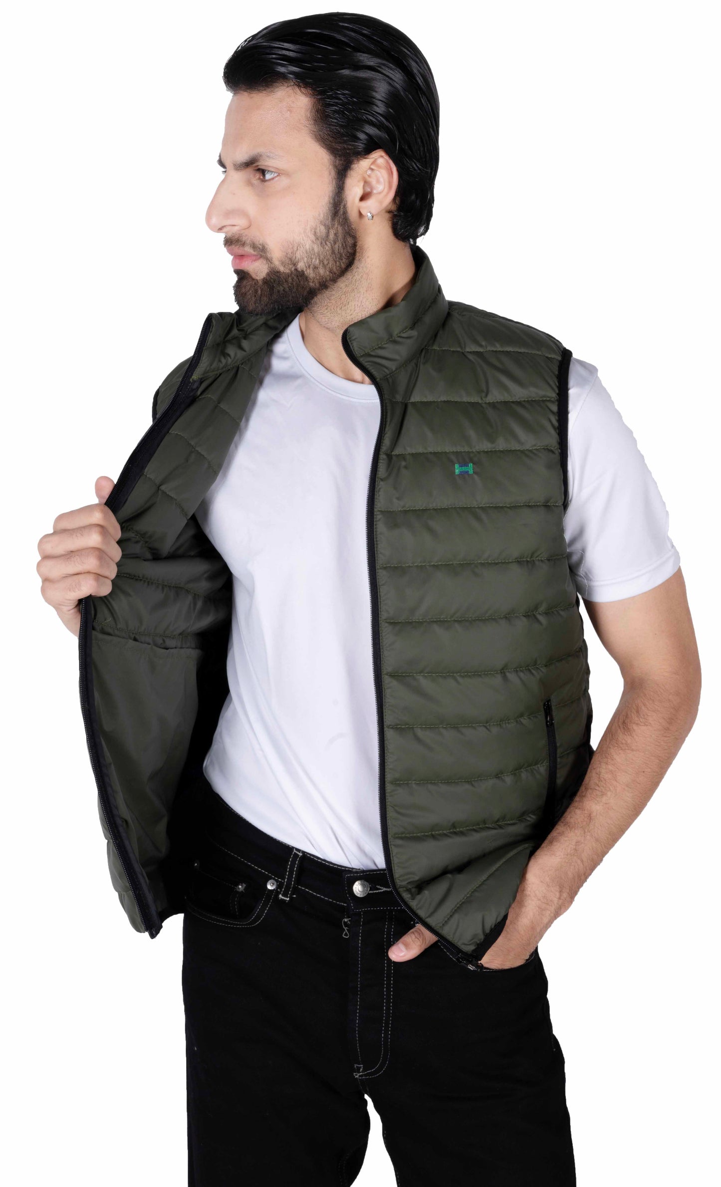Men Olive Quilted Short Body Slim-Fit Gilet Puffer Jacket
