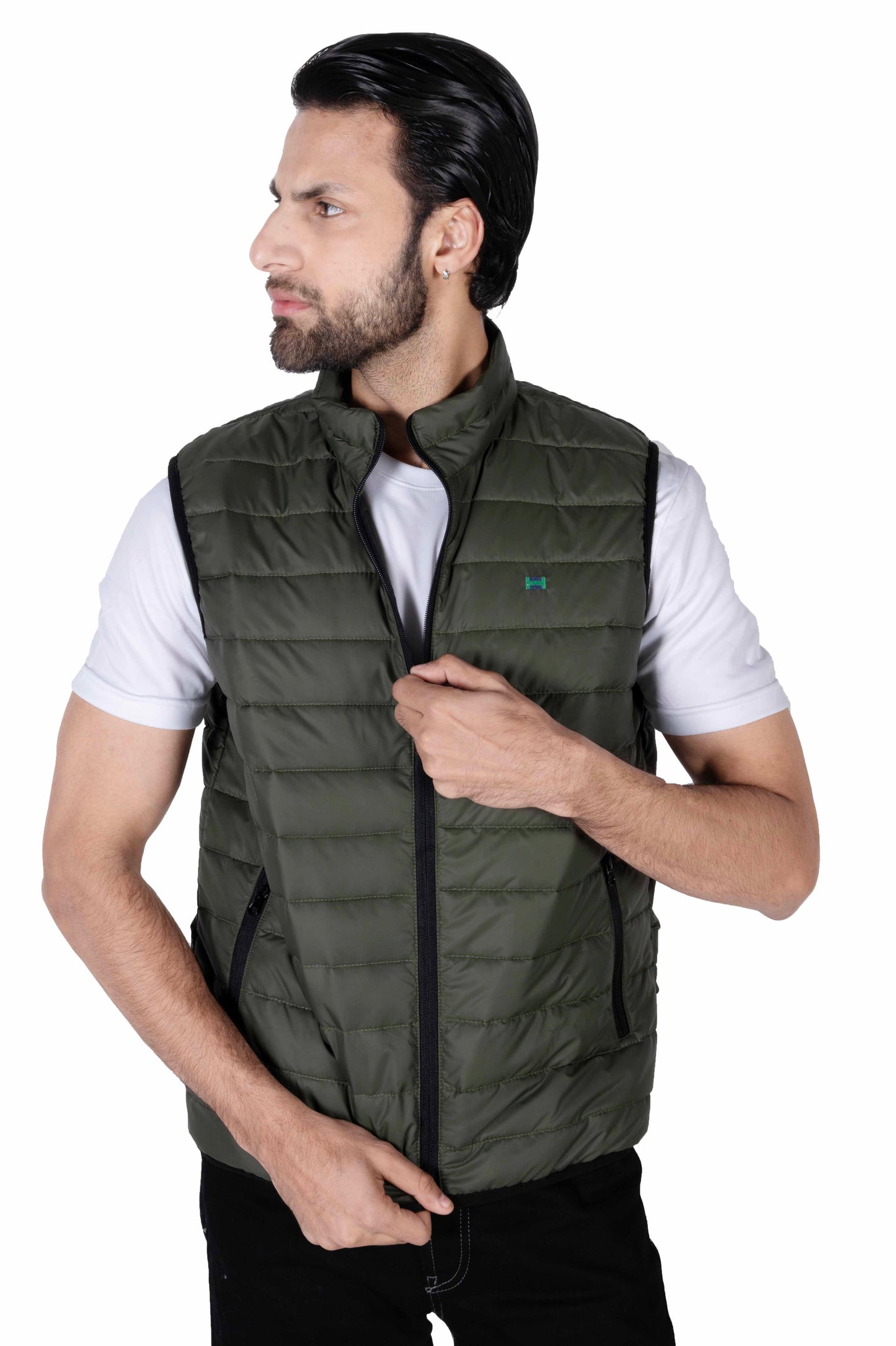 Men Olive Quilted Short Body Slim-Fit Gilet Puffer Jacket