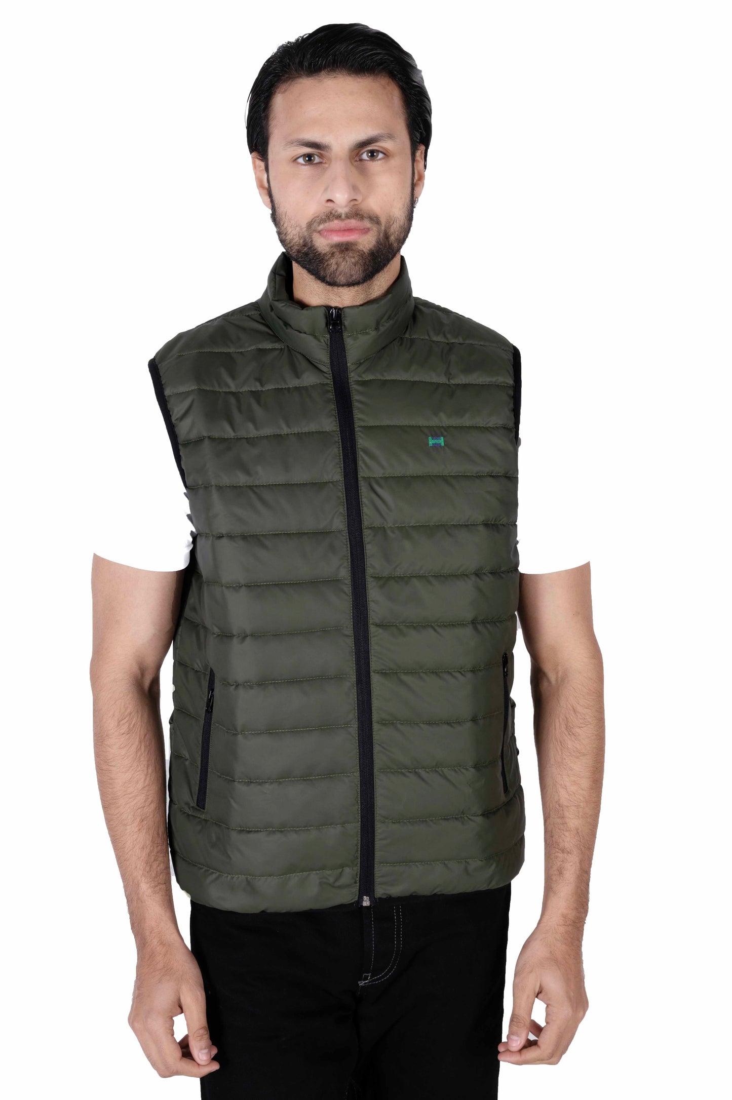 Men Olive Quilted Short Body Slim-Fit Gilet Puffer Jacket