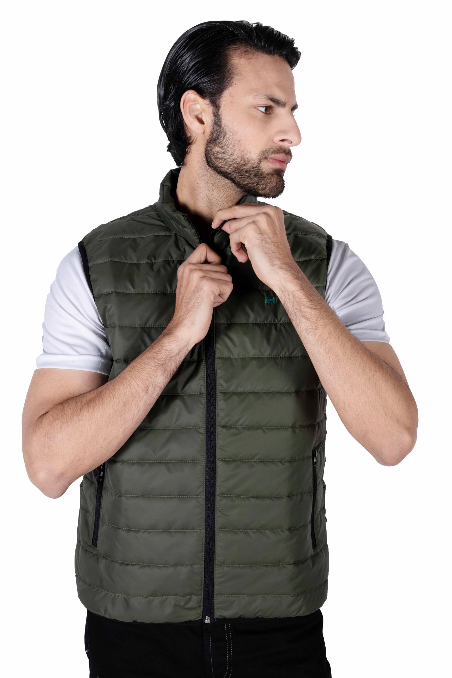 Men Olive Quilted Short Body Slim-Fit Gilet Puffer Jacket