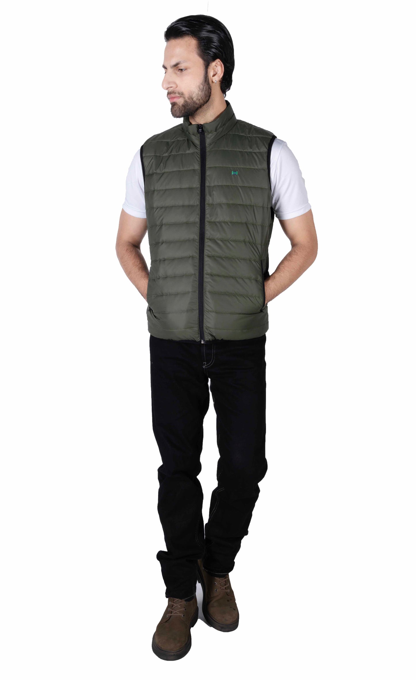 Men Olive Quilted Short Body Slim-Fit Gilet Puffer Jacket