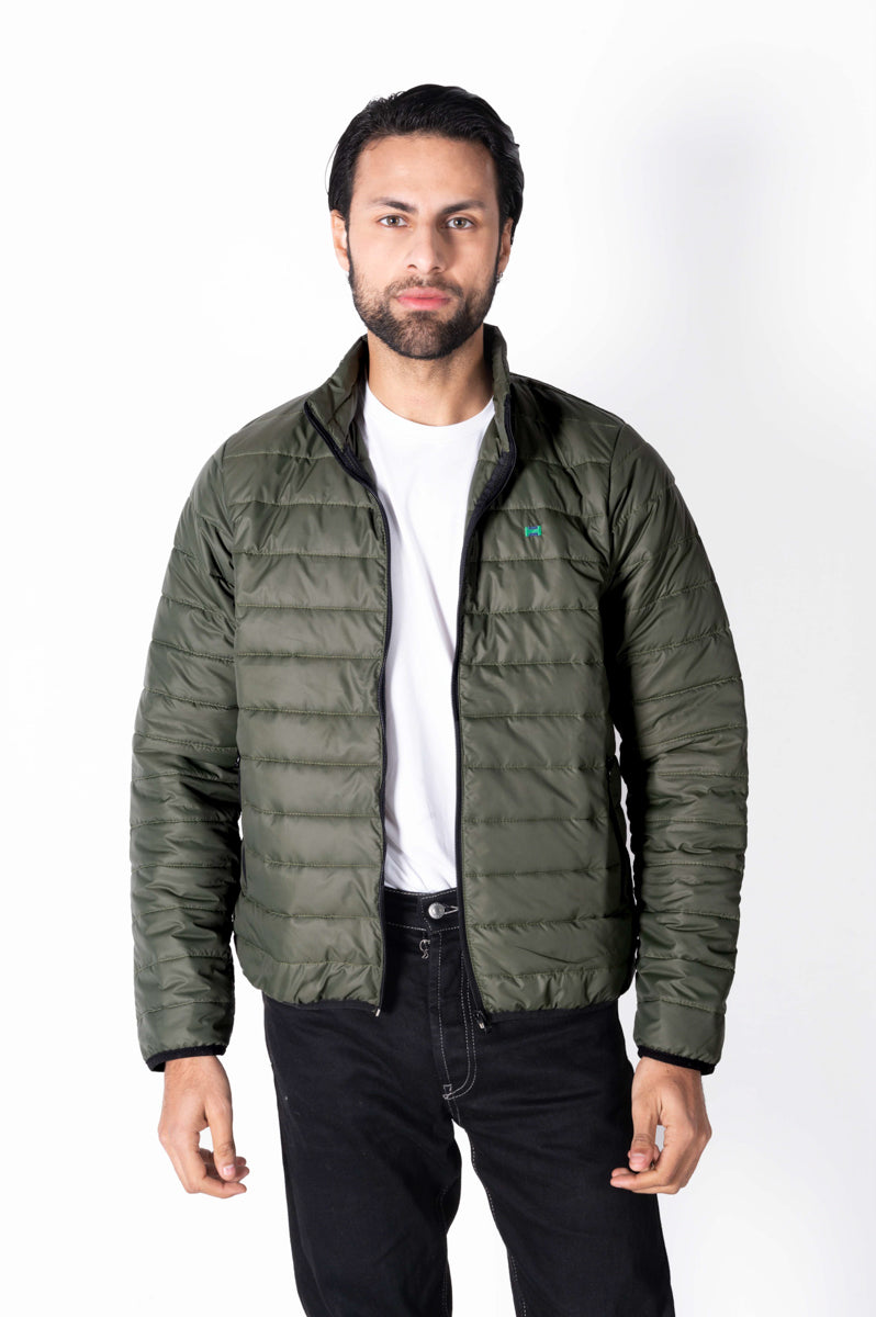 Men Olive Short Body Slim-Fit Full-Sleeves Puffer Jacket