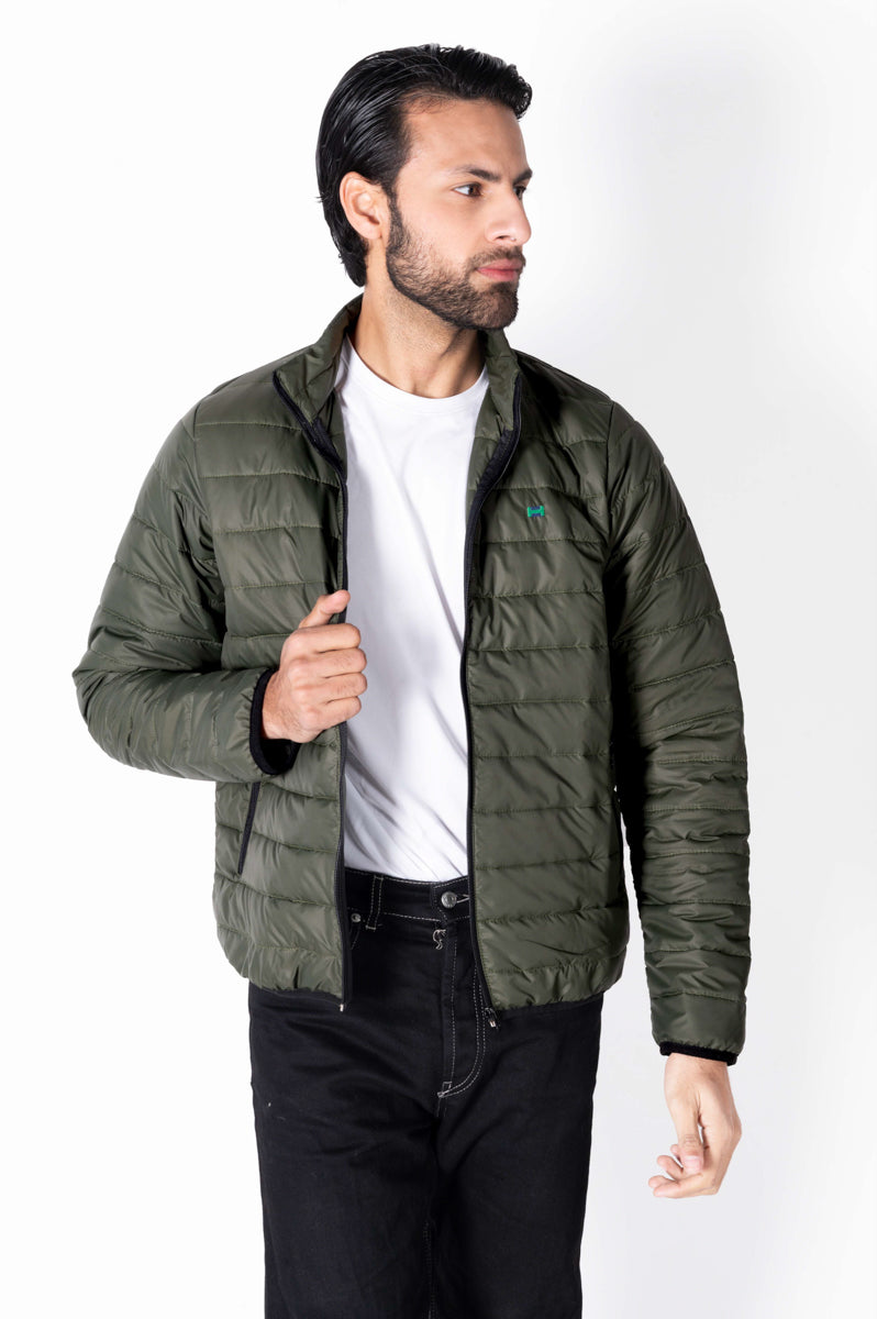 Men Olive Short Body Slim-Fit Full-Sleeves Puffer Jacket