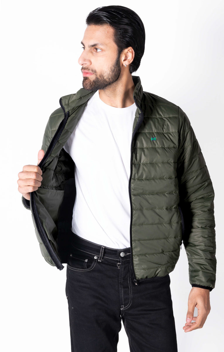 Men Olive Short Body Slim-Fit Full-Sleeves Puffer Jacket