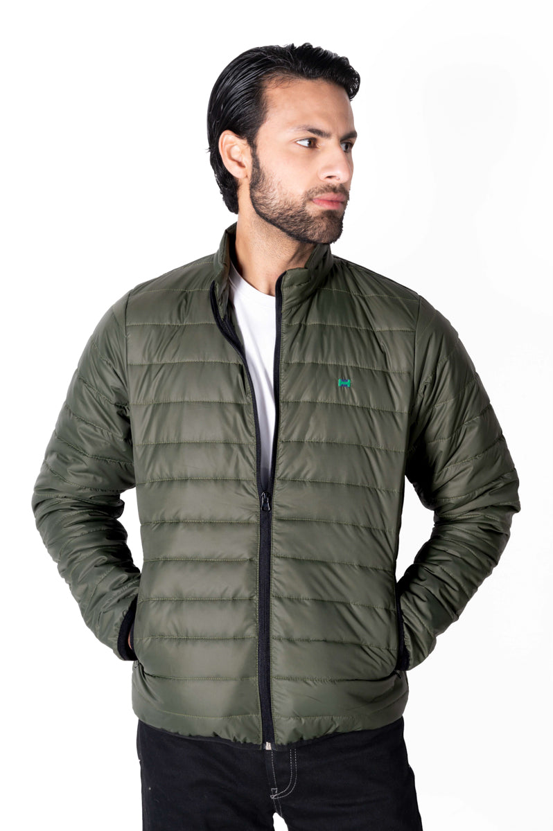 Men Olive Short Body Slim-Fit Full-Sleeves Puffer Jacket