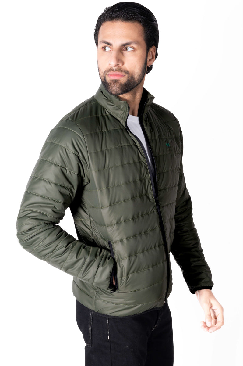 Men Olive Short Body Slim-Fit Full-Sleeves Puffer Jacket