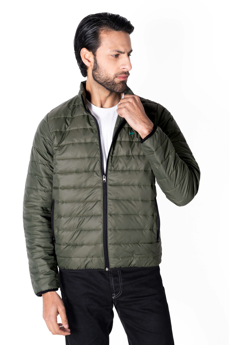 Men Olive Short Body Slim-Fit Full-Sleeves Puffer Jacket