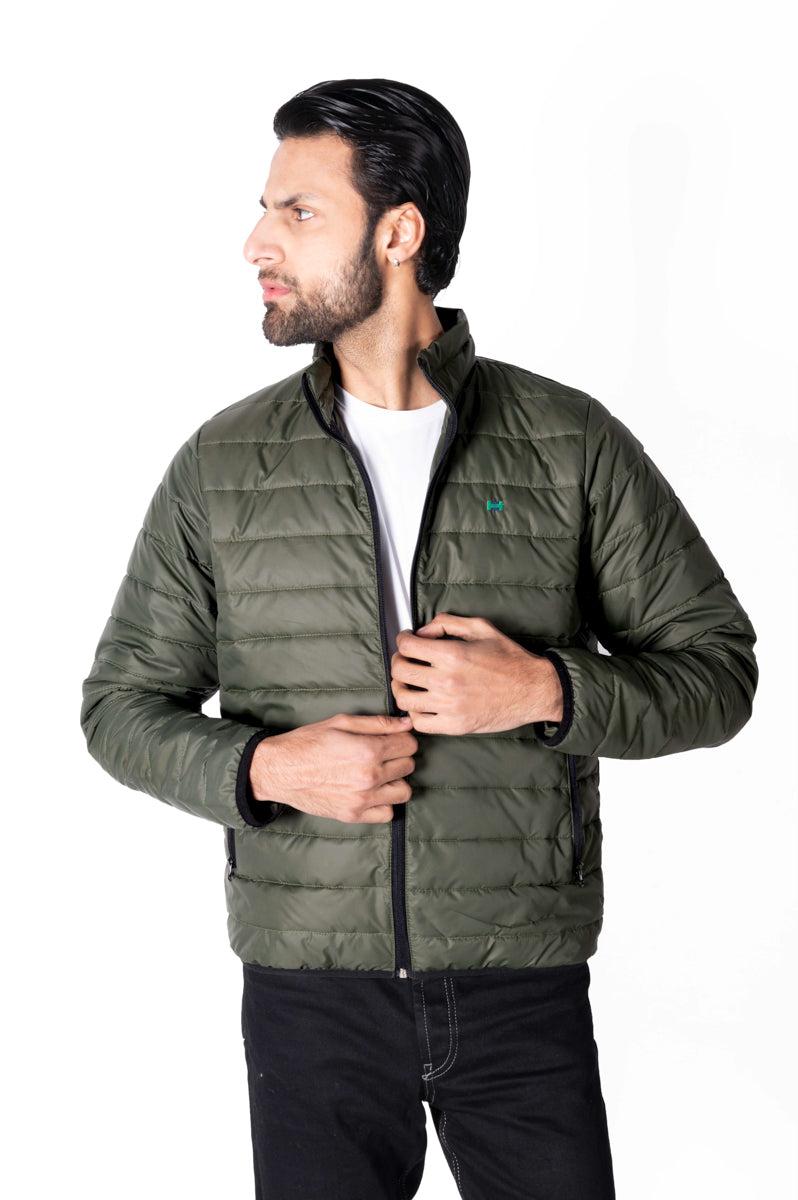 Men Olive Short Body Slim-Fit Full-Sleeves Puffer Jacket