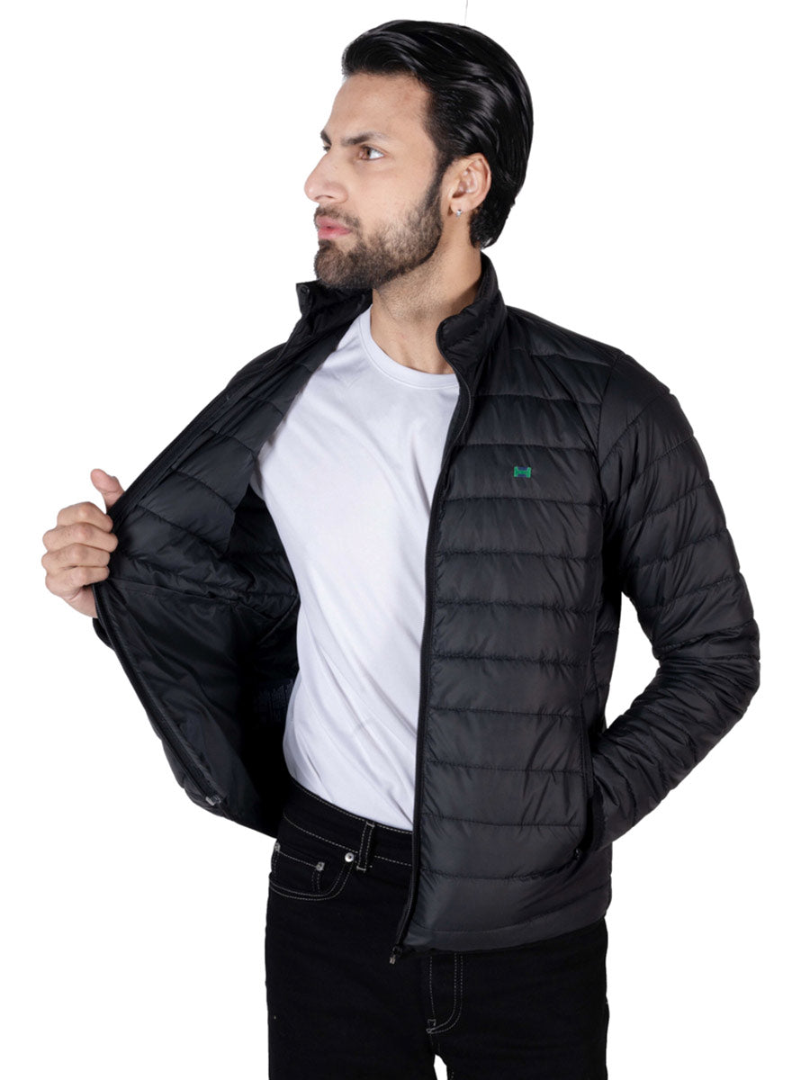 Men Black Short Body Slim-Fit Full-Sleeves Puffer Jacket