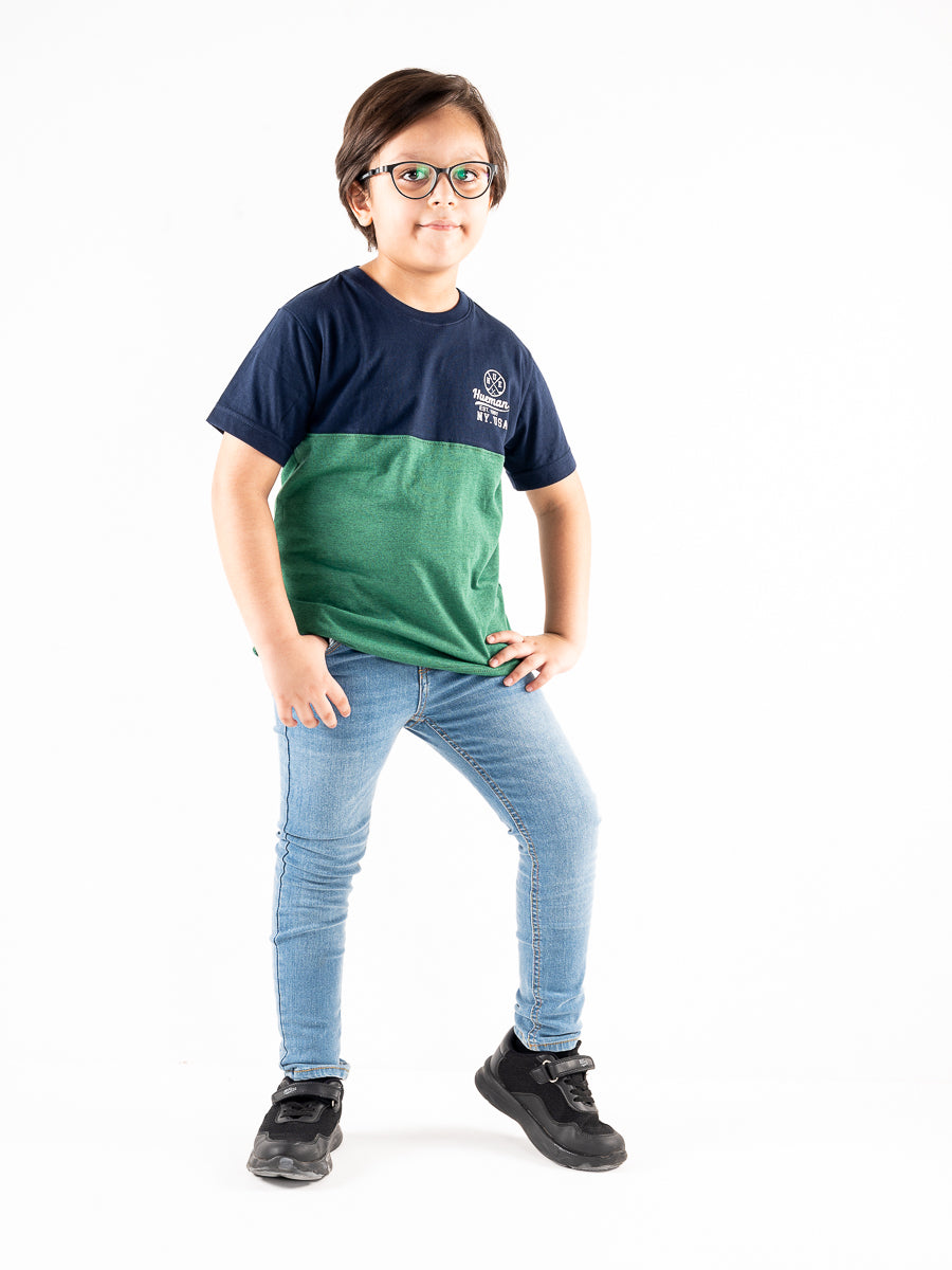 Kids Green & Navy Blue Short Sleeve T-Shirt Crew Neck