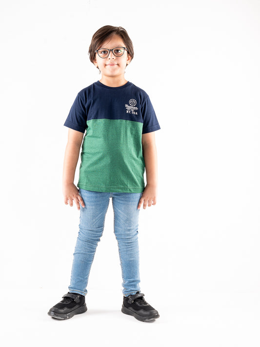 Kids Green & Navy Blue Short Sleeve T-Shirt Crew Neck
