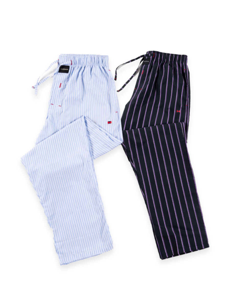 Men's Light Blue and Violet Relaxed Fit Striped Cotton Pajamas - Pack of 2