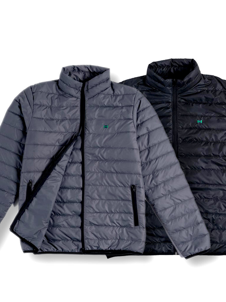 Men Grey/Black Short Body Slim-Fit Full-Sleeves Puffer Jackets - Pack of 2