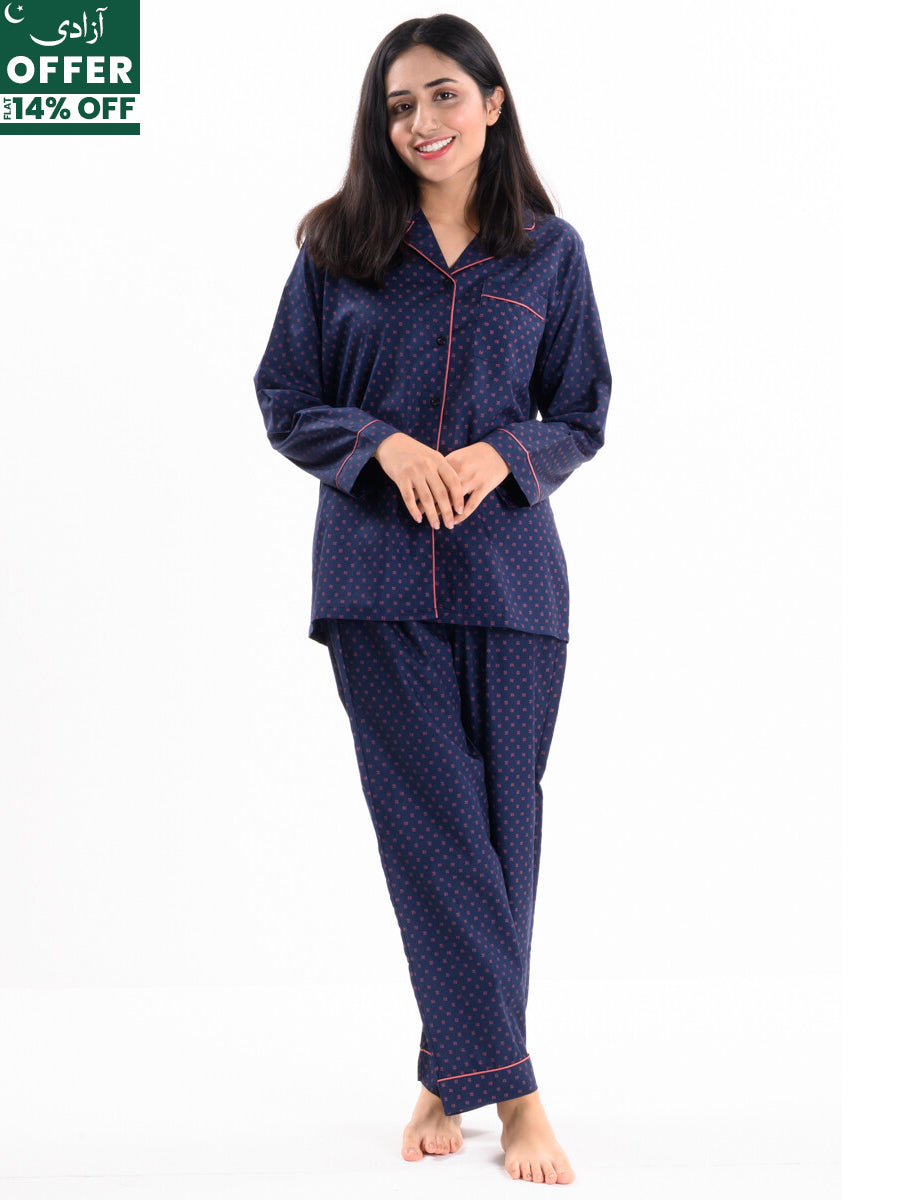 Women Navy & Pink Printed Cotton Relaxed Sleeping Suit