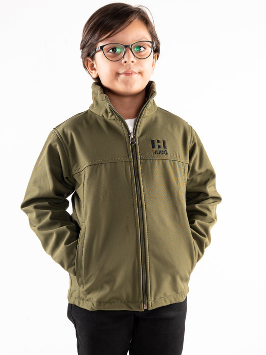 Olive Stand Up Collar Soft Shell Kids Jacket