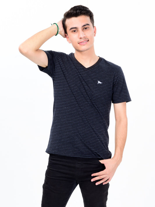 Men Black & White Cotton V-Neck Tee Shirt