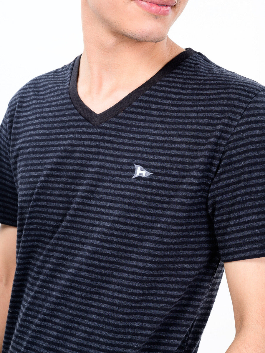 Men Black & White Cotton V-Neck Tee Shirt