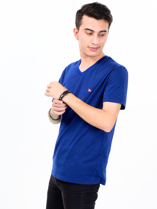 Men Blue & Black Cotton V-Neck Tee Shirt