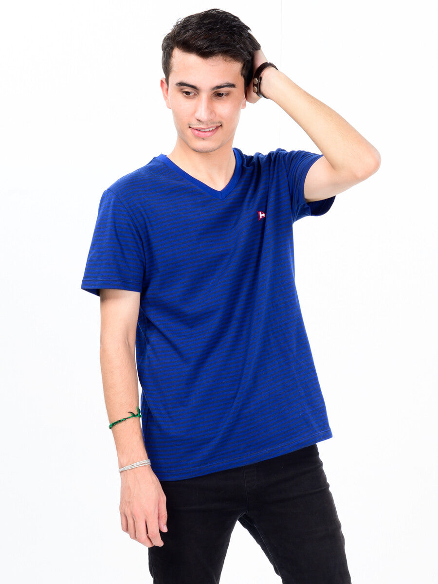 Men Blue & Black Cotton V-Neck Tee Shirt