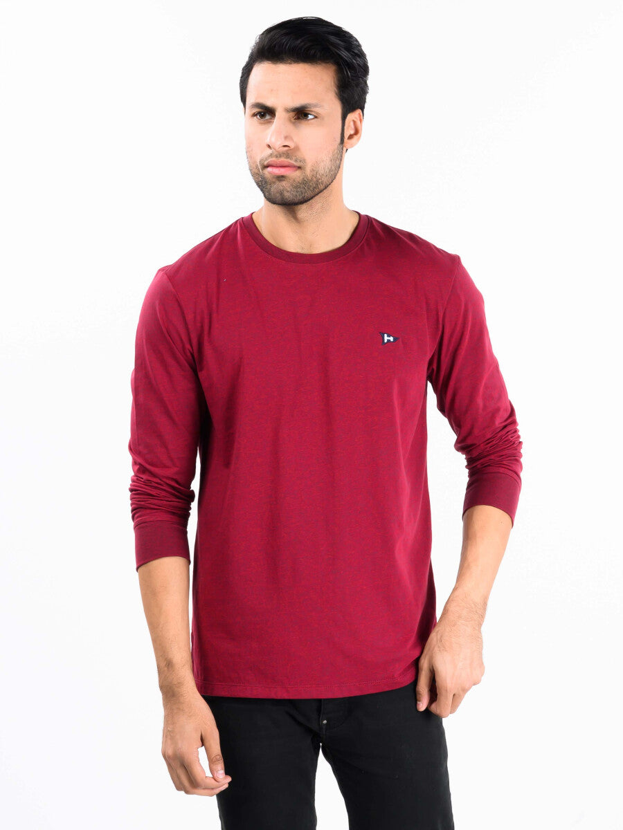 Men Burgundy Solid Full Sleeves T-Shirt