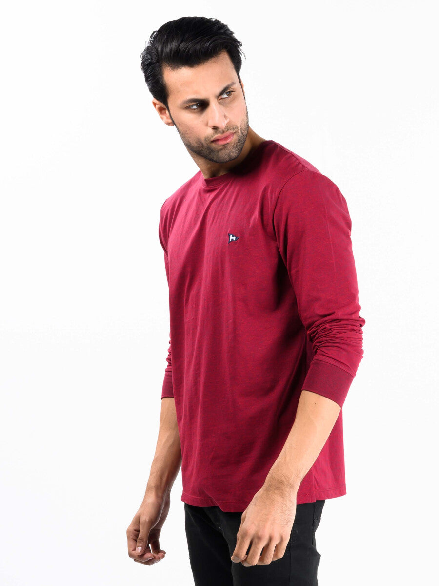 Men Burgundy Solid Full Sleeves T-Shirt