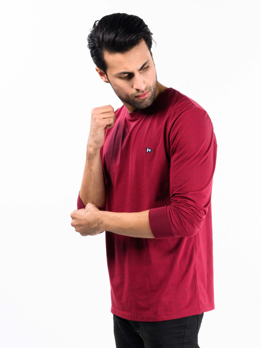 Men Burgundy Solid Full Sleeves T-Shirt