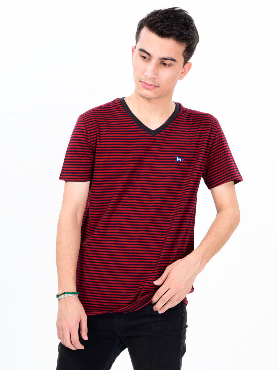 Men Burgundy & Black Cotton V-Neck Tee Shirt