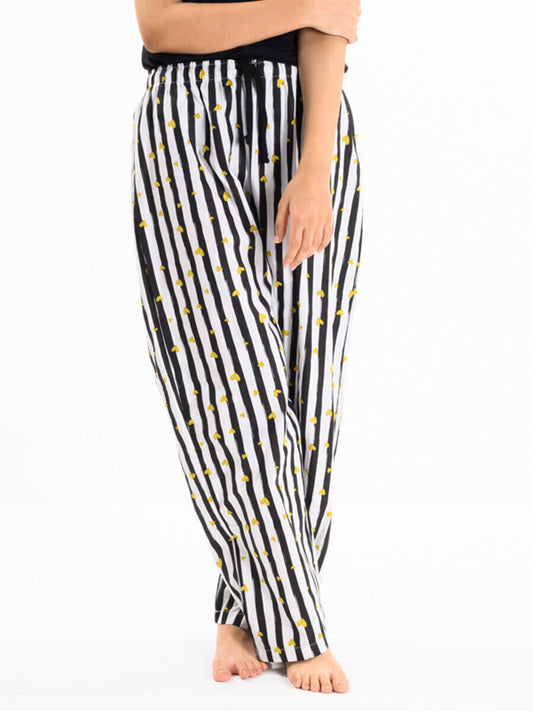 Women Black & White Lining Cotton Relaxed Pajama