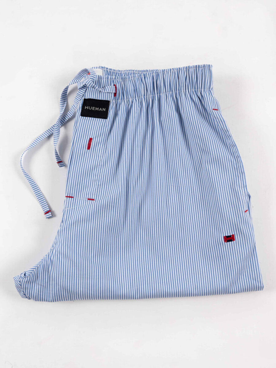 Men's Stretch Sky Blue Relaxed Fit Striped Cotton Pajama