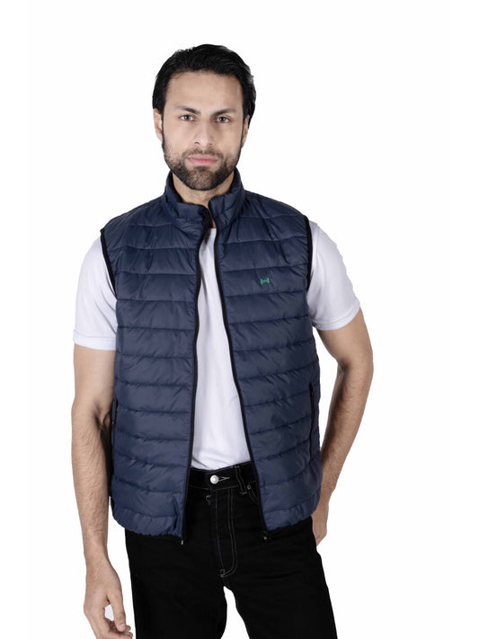 Men Navy Blue Quilted Short Body Slim-Fit Gilet Puffer Jacket