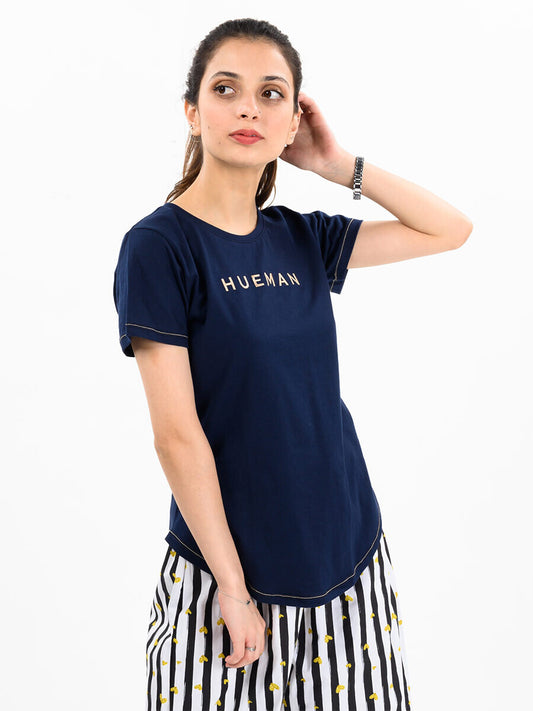 Women Navy Blue Round Bottom T-Shirt